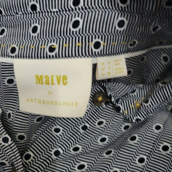 Women's Sz 4 Anthropologie  Maeve Navy Blue Polka Dot  Stripe Button Down Blouse - Picture 5 of 9
